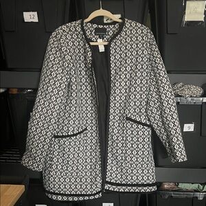 Cynthia Rowley Black and White Print Quilted Open-Front Car Coat Lined Large